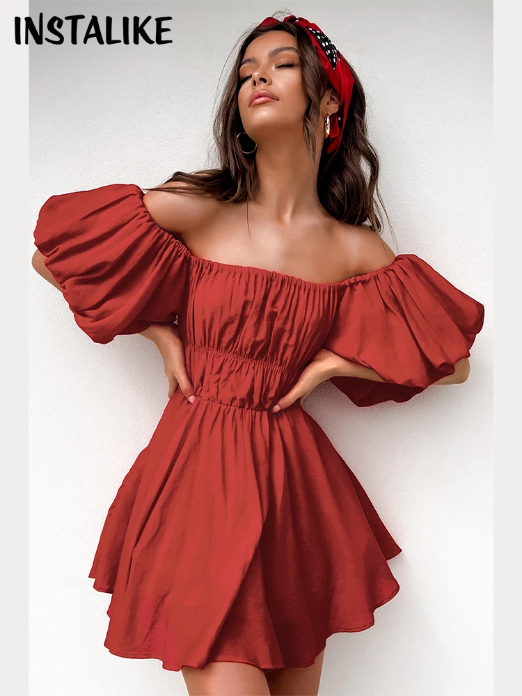 

InstaLike Sexy Summer Puff Sleeve Corset Dress Elegant A Line Party Dresses Red Ruffles Luxury Holiday Birthday Women Mini Dress