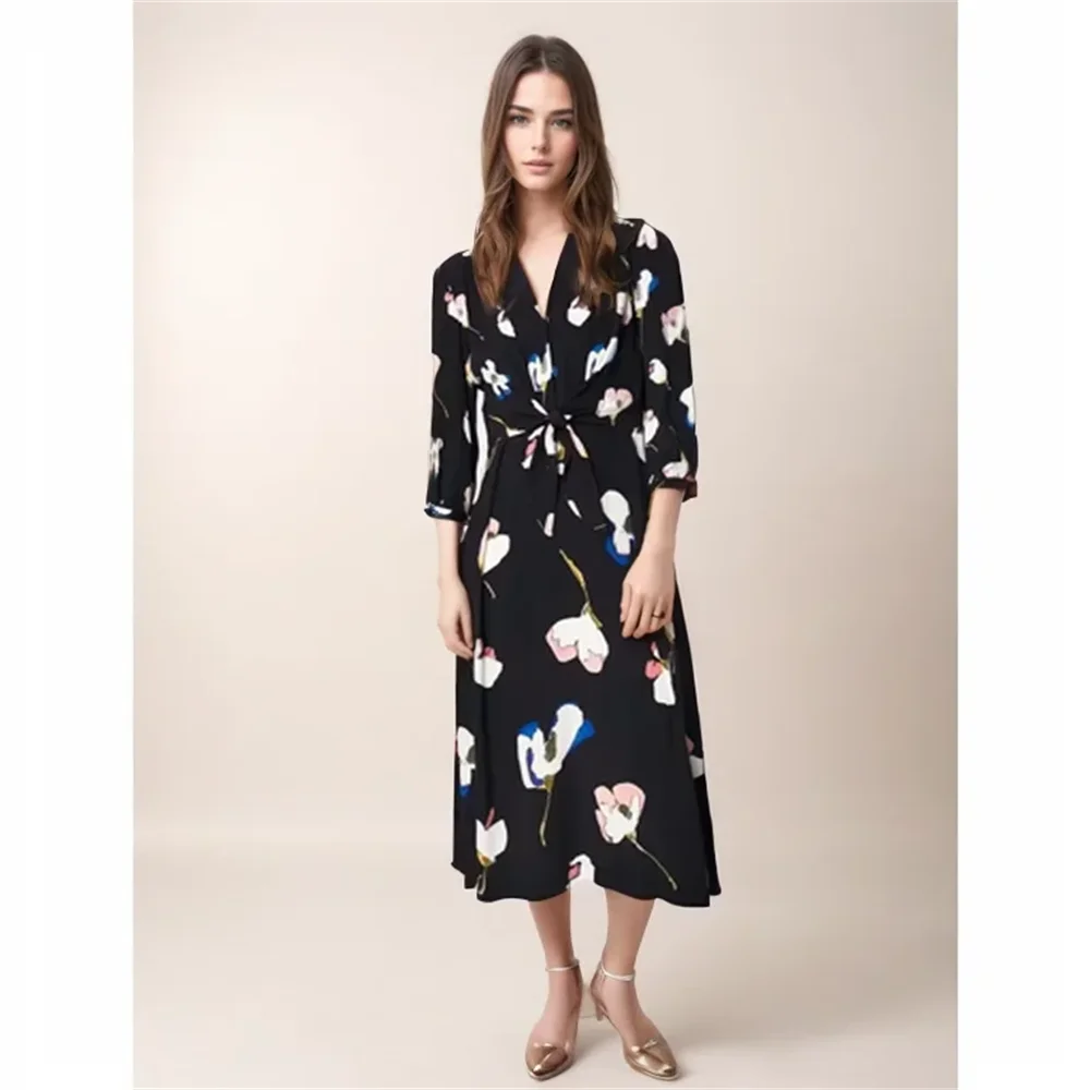 

Cos Lris 2024 Summer New Women's Fashion Elegant and Loose Bow Design Flower Print Lace up V-neck Dress