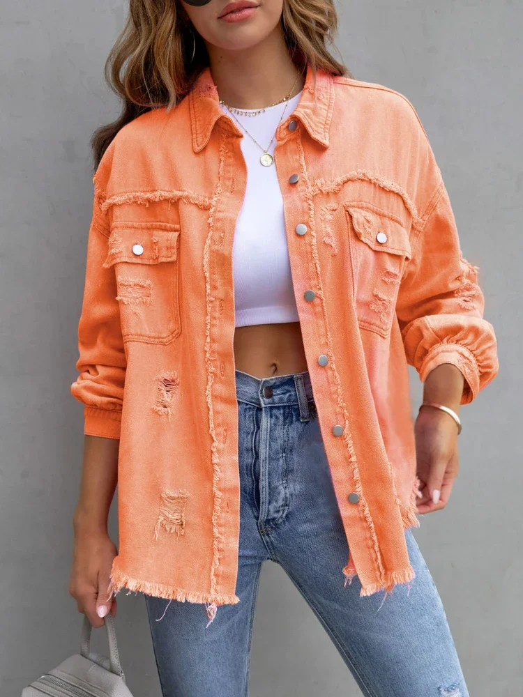 

New Denim Jacket with Rough Edges and Holes for Women Spring and Autumn Temperament Casual Lapel Jacket Denim Jacket Women 2024