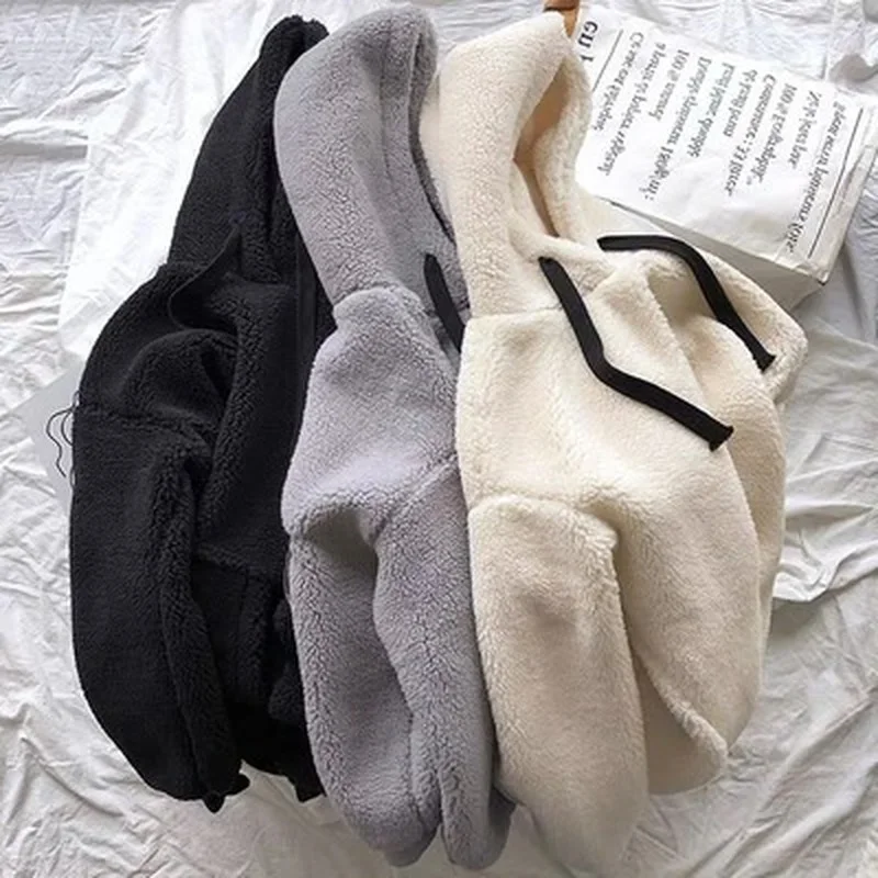 Female Fashion Sweatshirt Long Sleeve Solid Loose Pocket Fleece Flannel Pullover Thick Hoodies Women Autumn Winter Hooded Print