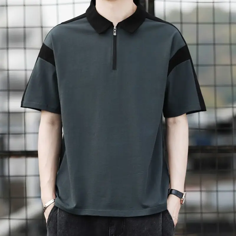 

Half Zipper Polo Shirt Men Short Sleeved Summer Patchwork Contrasting Colors Lapel Collar Half Sleeve T-shirt Loose Leisure Tops
