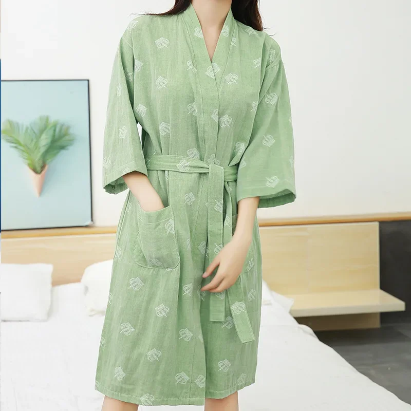 Spring and Summer Thin Half Sleeve Women's Sleepwear Cotton Bathrobe Yukata Clothes Water Absorbing and Breathable Home Robes