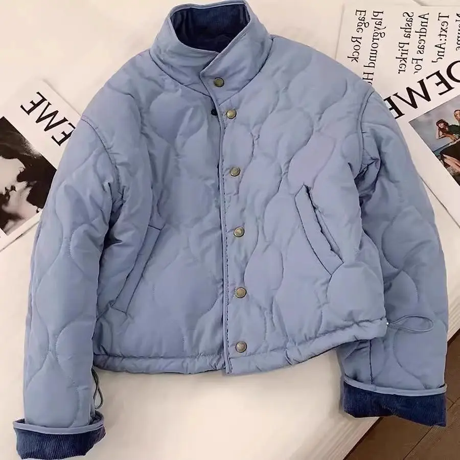 Women's Quilted Puffer Jacket with Corduroy Trim Stand Collar, Button Front, Cropped Lightweight Winter Coat