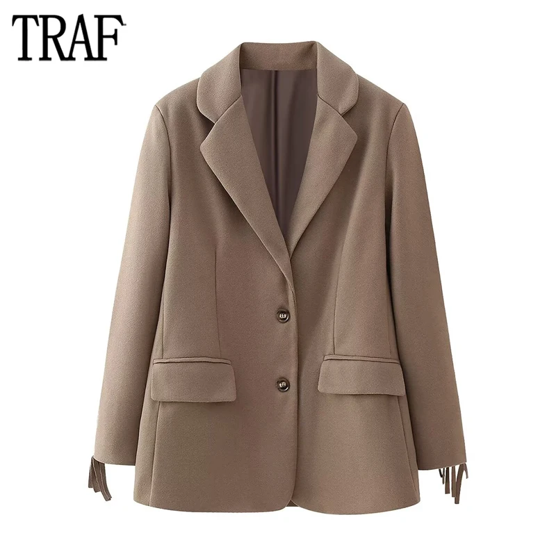 

TRAF 2024 Tassel Tweed Blazer Women Office Long Blazer Woman Long Sleeve Button Blazers for Women Winter Streetwear Outerwear