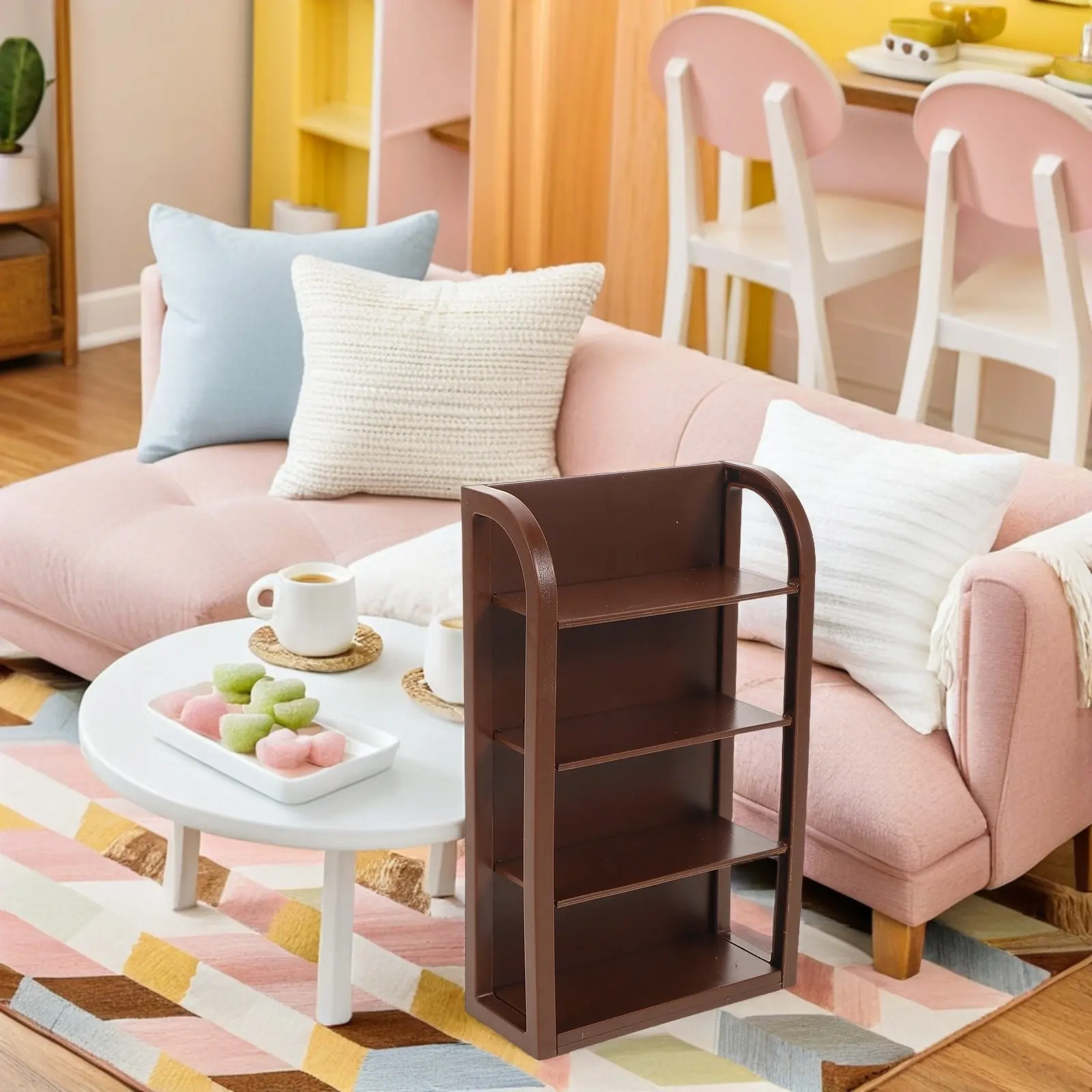 6Pcs 미니어처 슈퍼마켓 선반 세트 인형 집 상점용 현실적인 4층 플라스틱 디스플레이 랙 미니 식료품 식품 정리함