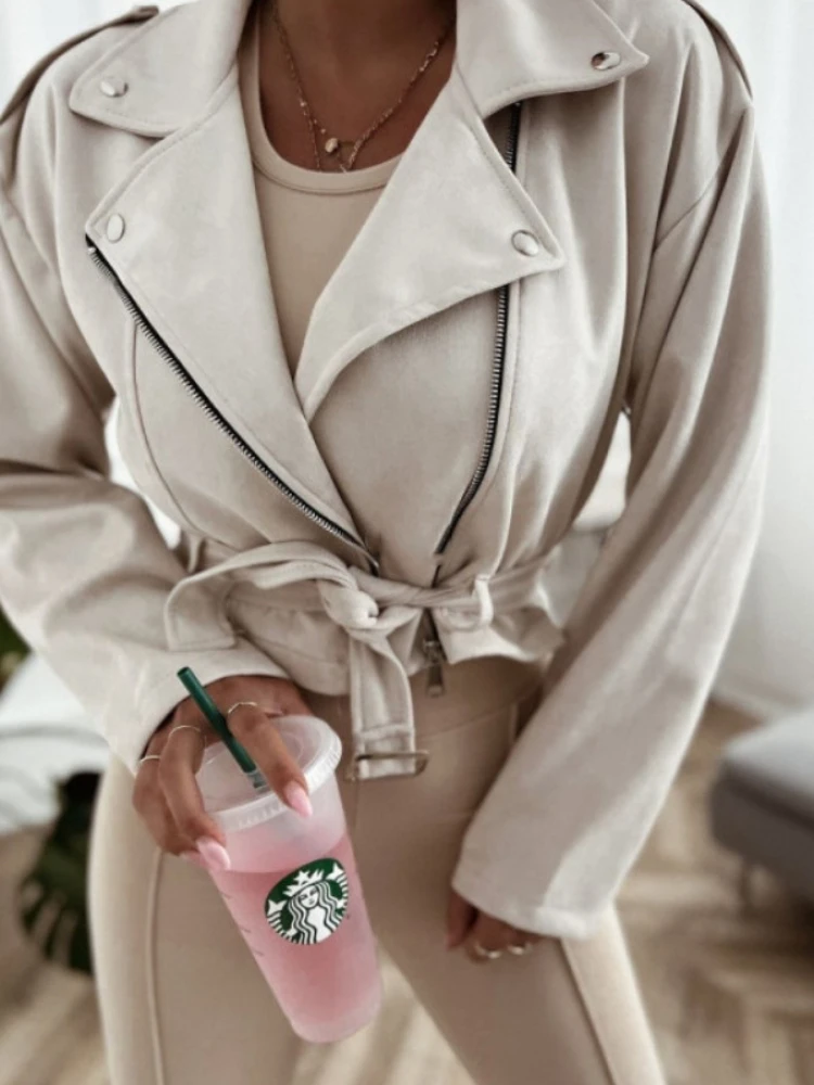 Autumn and Winter New Women's Long-sleeved Lapel Long Sleeved Tie-up Jacket Street Casual Solid Color Zipper Cardigan Short Coat