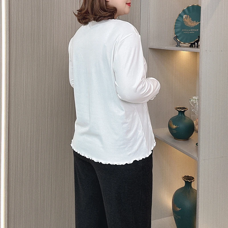 Women's Loose Ruffle Collar T-shirt, Long Sleeve, Basic Tops, Plus Size, Solid Color, New, Autumn