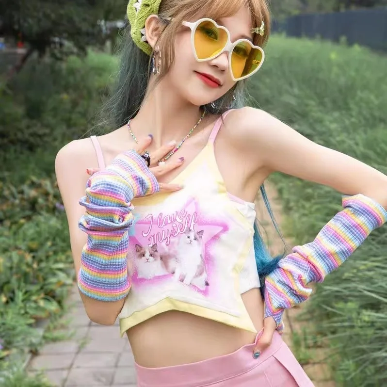 

Sweet Sexy Vest Star Colorful Top Summer 2024 Short Camis for Girls Cute Cat Yellow Y2k Tanks Japanese Kawaii Style Lady Tops