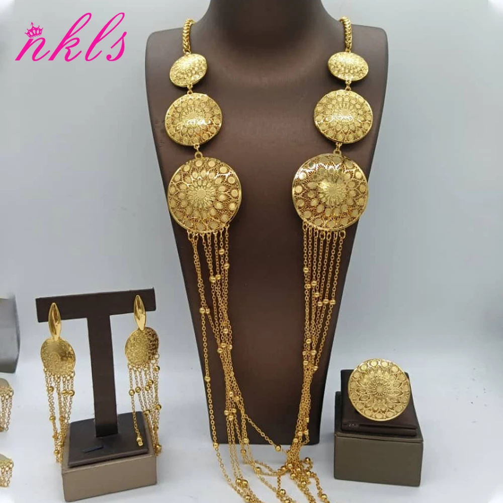 

Fashion Italy Gold Color Jewelry Set for Women Luxury Long Chain Tassels Necklace Earrings Ring Christmas Valentine's Party Gift