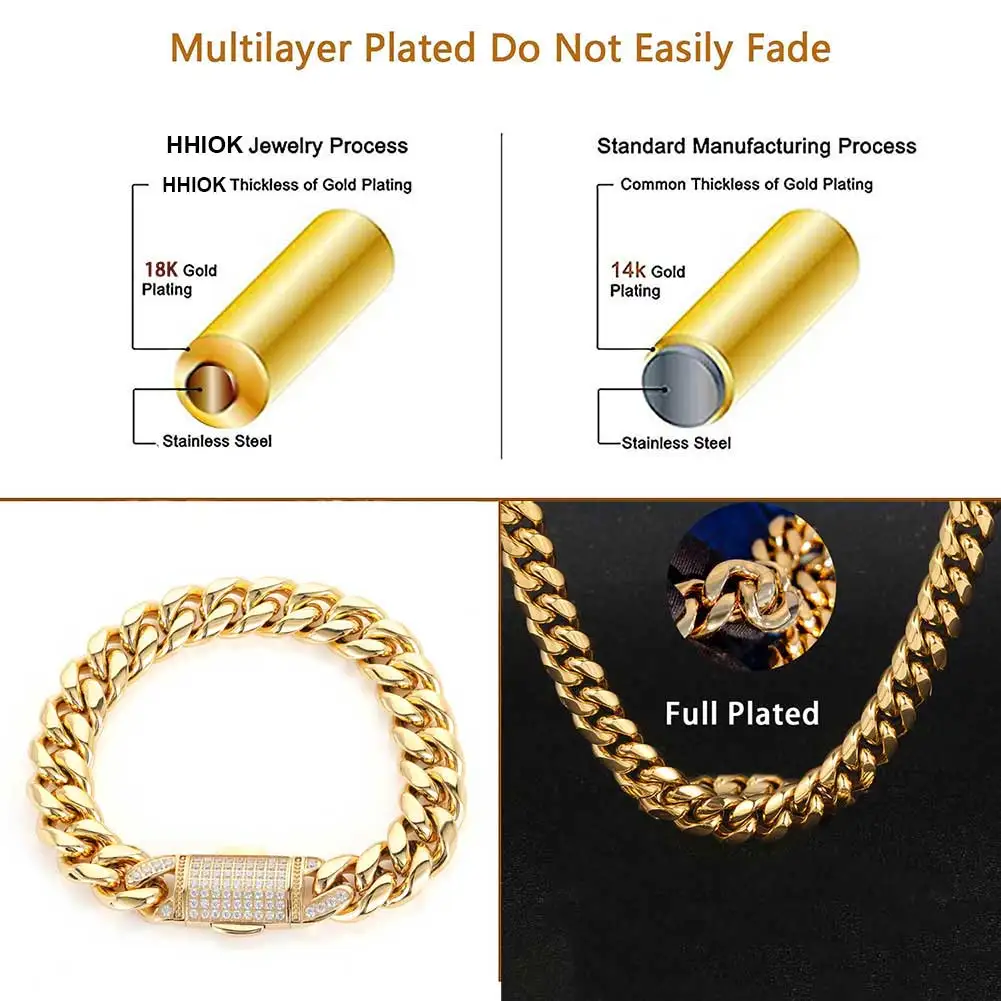12mm Stainless Steel Miami Cuban Link Chain for Men Durable Gold Plated Solid Curb Cuban Necklace With Iced CZ Clasp