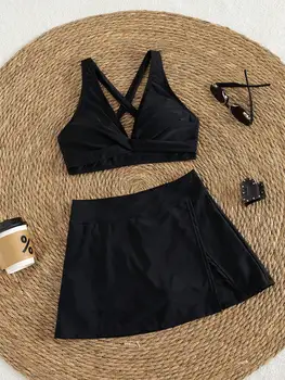 Women's Black Twist Front Bikini Set with Skirt, 3 Piece High Waisted Swimwear, Modest Skirted Bathing Suit for Summer Vacation 1