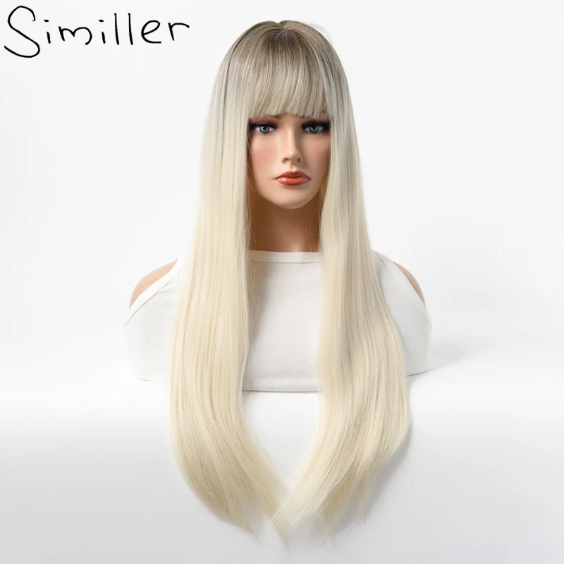 

Similler Women Long Synthetic Wig Straight Heat Resistance Hair Dark Root Dye Ombre Blonde Wigs with Bangs Daily Use