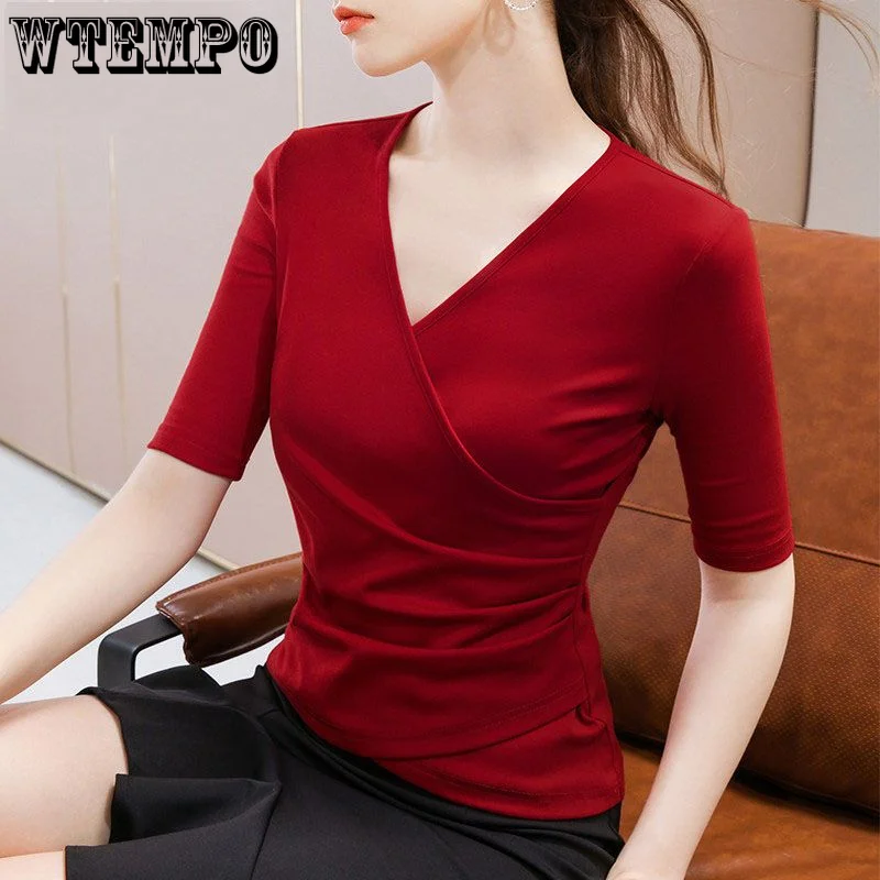 

WTEMPO Cotton Women T-shirt Summer Style V-neck Short Sleeve Shirt Gothic StreetWear Casual Y2K Top Chic Female T-shirt