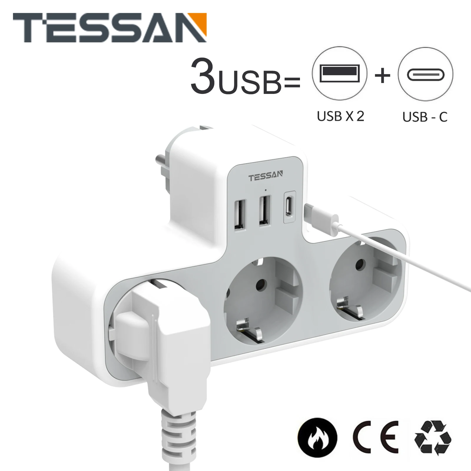 Comprar Adaptador de enchufe de pared cubo TESSAN 6 en 1 con interruptor 3  salidas de CA 3 puertos USB enchufe múltiple UE protección contra  sobrecarga