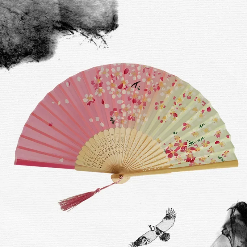 Elegant Silk Folding Fan with Wooden Shank and Tassel – Classical Design for Dance and Home Décor