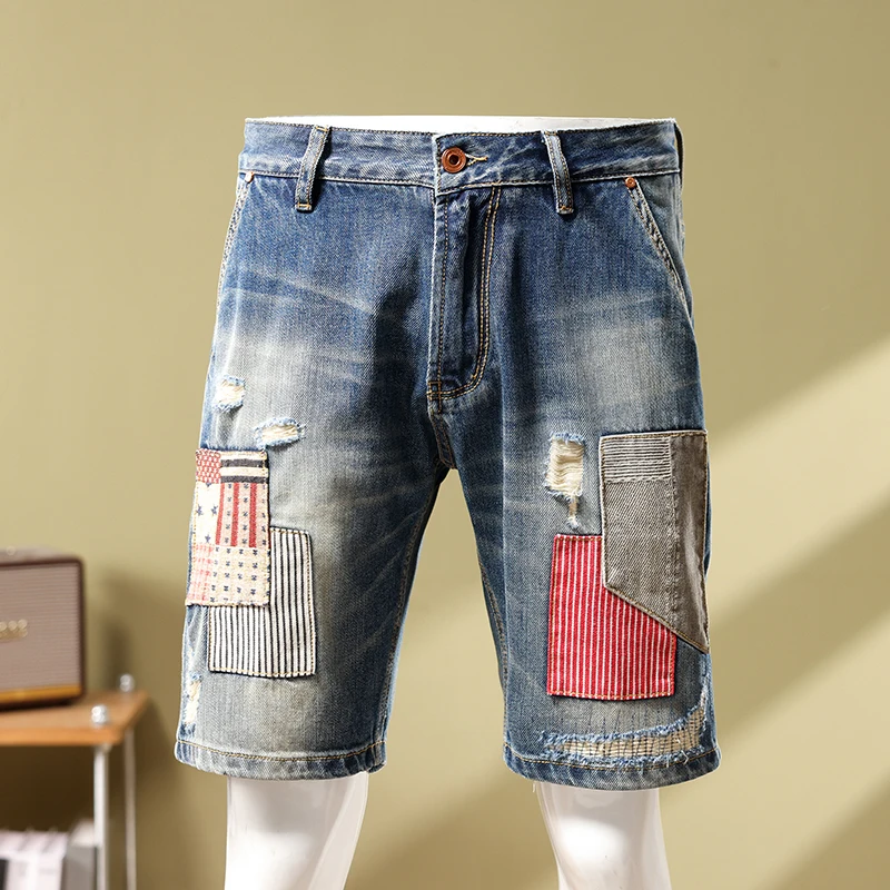 

Tide denim short patchwork patch slim small straight leg pants heavy embroidery gang handsome personality men's pants