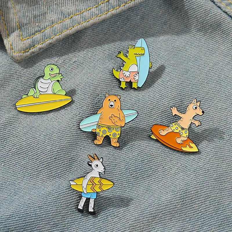 

Pins Custom Animal Goat Bear Dog Crocodile Turtle Brooches Lapel Pin Shirt Bag Badge Cartoon Sea Jewelry Ocean Surfing Enamel