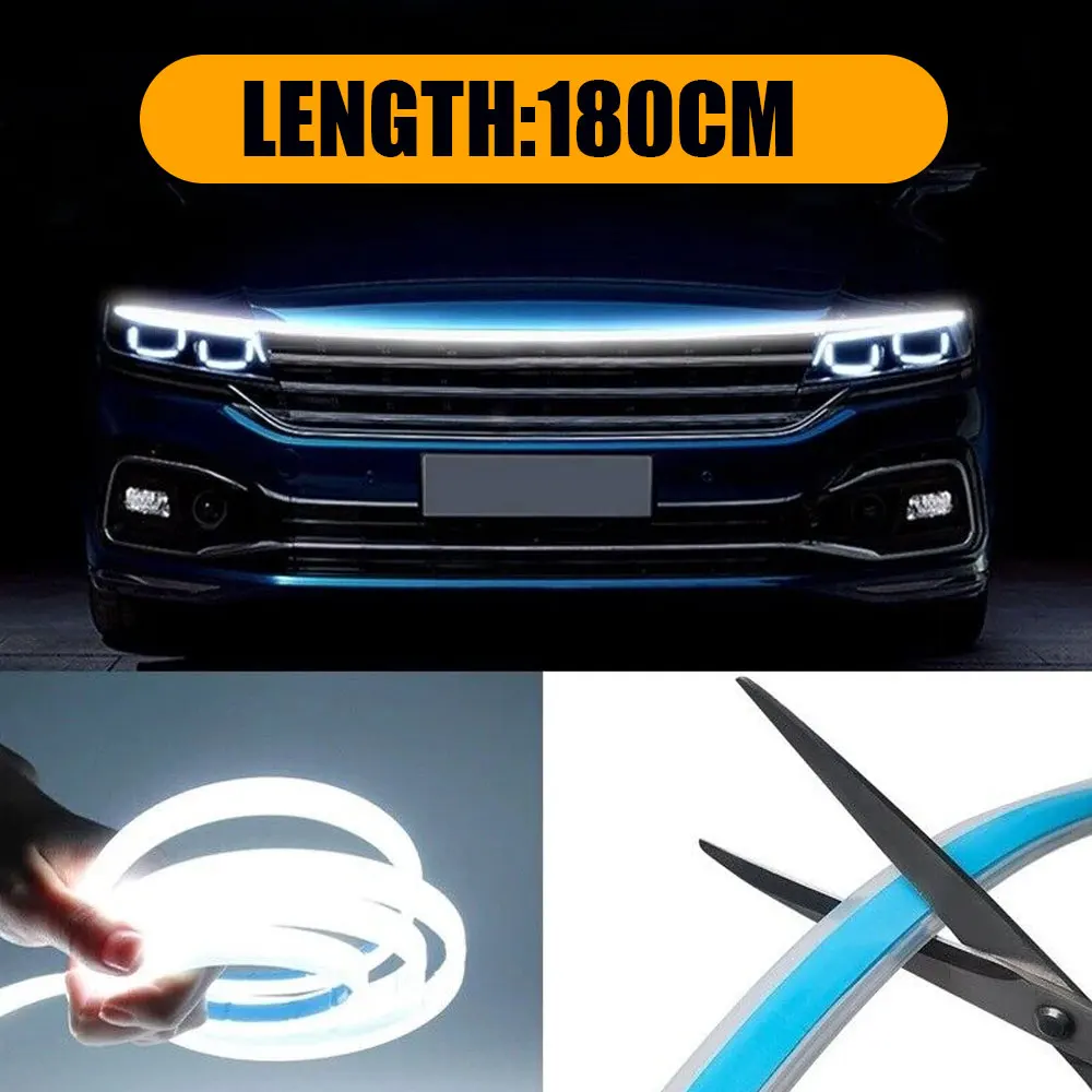 

2022 New 12V LED Car Hood Light Daytime Running Lights Auto Remote App RGB Flowing Turn Signal Guide Thin Strip Lamp Styling
