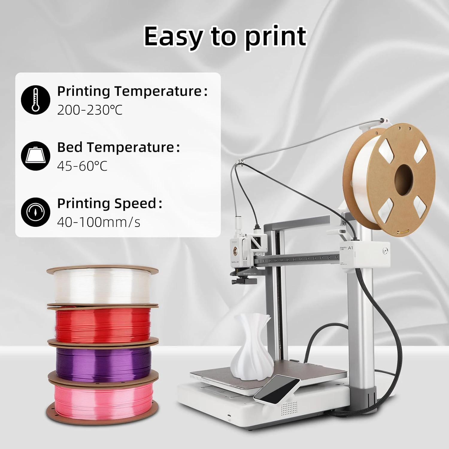 1.75mm 실크 PLA, 핑크/화이트/블루/퍼플, 200g/250g/500g/1kg, 대부분의 FDM 3D 프린터용