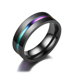 Black Titanium Stainless Steel Ring with Rainbow Groove - Men's Trendy Jewelry Accessory - 7 (A)