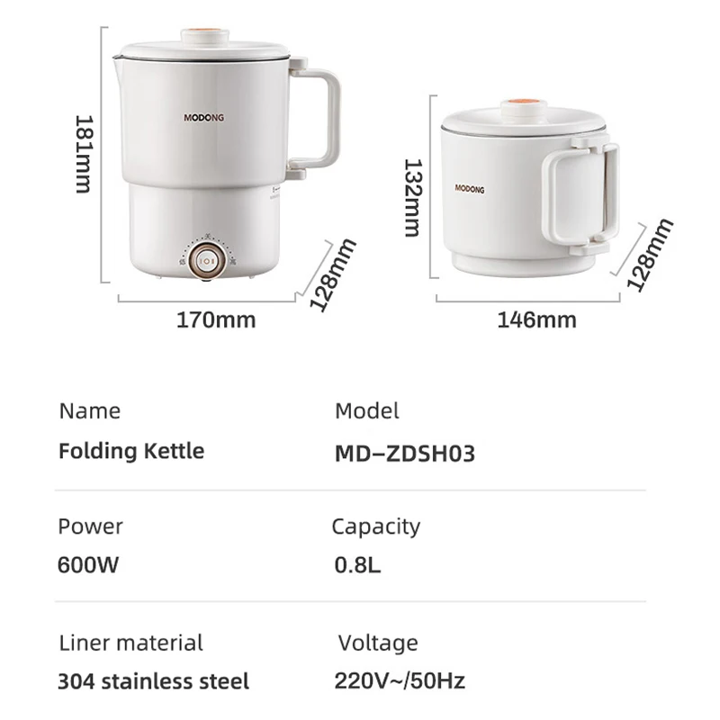 800ml Folded Electric Kettle Portable Cooking Pot Multicooker Travel Kettles TeaPot Heating Cup 304 Stainless Steel Slow Cooker 6