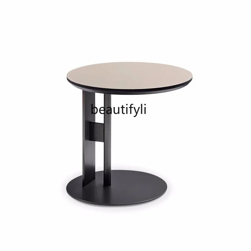

Italian-Style Light Luxury Stainless Steel Sofa Artistic Creative Side Table Orange Saddle Leather Square Corner Table