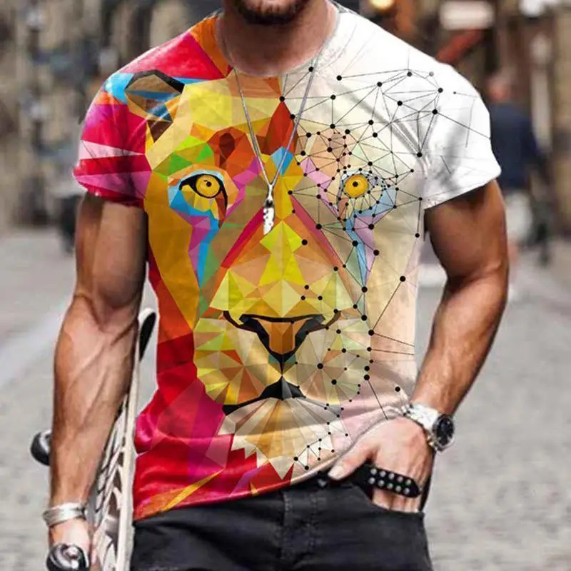 

Men's Vintage T-Shirt Printed Oversized Hip-Hop Personality Lion Designed Short-Sleeved Daily Casual Tops Streetwear Clothing