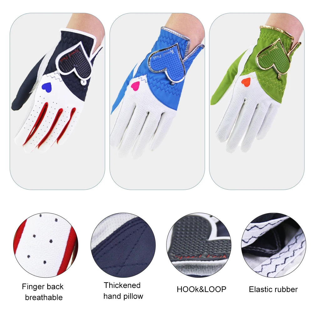 1 Pair Golf Gloves Women Left and Right Hand Genuine Leather Lycra Non-Slip Fabric Breathable Heart style Soft Sports Gloves