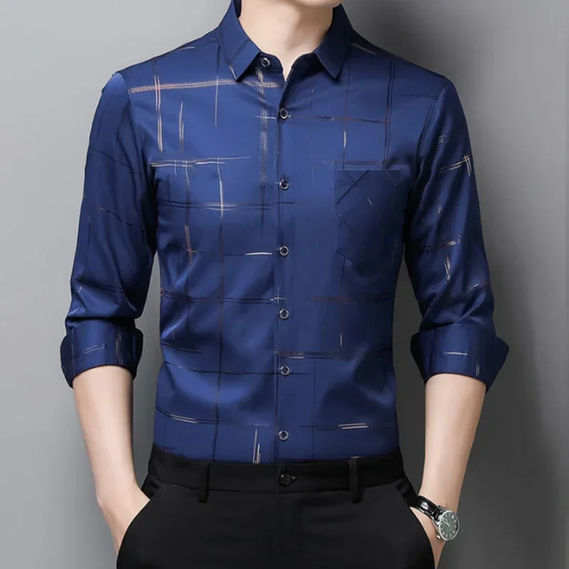 

6XL Large Spring and Autumn 2023 New Men's Long Sleeve Slim Fit Luxury Stamping Elastic Non-iron Leisure Business Shirt