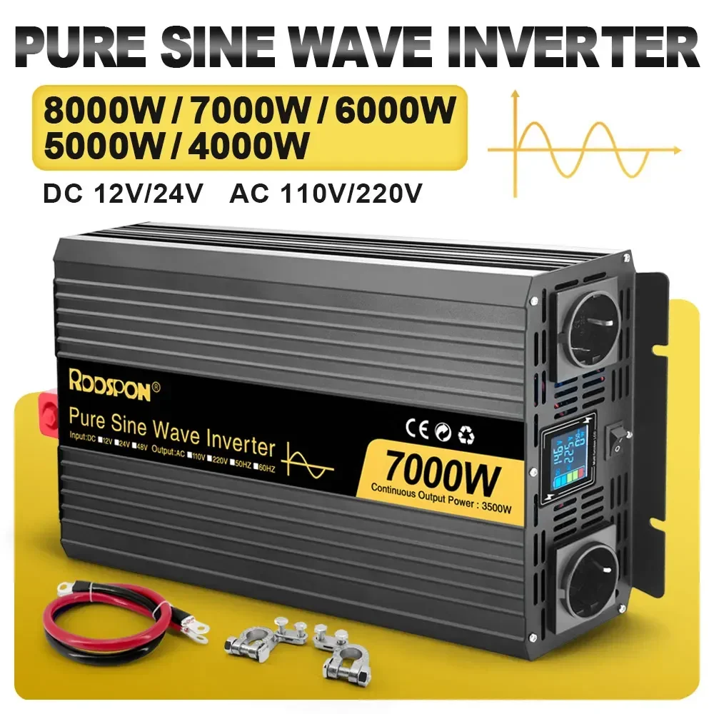 Inverter a Onda Sinusoidale Pura 3000W 4000W 5000W 6000W 7000W 8000W, Convertitore di Tensione Solare da DC 12V/24V a AC 220V, Inverter per Auto