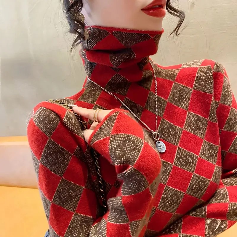 

Women's Autumn and Winter Fashion Elegant High Neck Pullover Plaid Panel Casual Versatile Long Sleeve Slim Fit Sweater Knit Tops