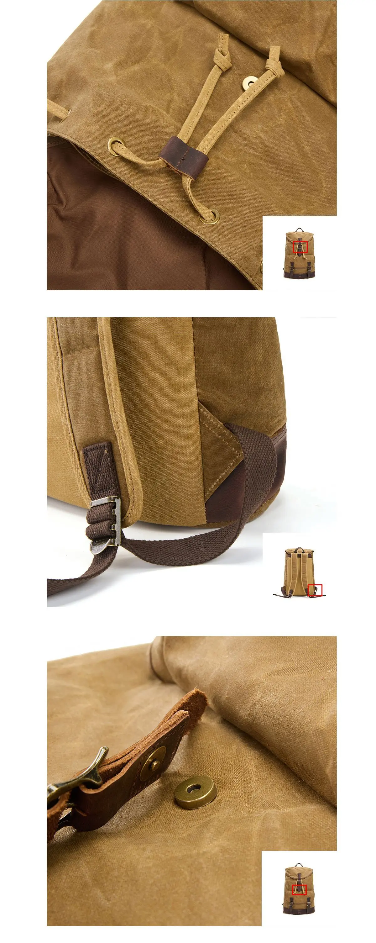 Unisex Retro Kordelzug Rucksack Individuelles Logo Unterstützung Öl Wachs Leinwand Material Herrenmode Outdoor Reise Umhängetasche – Detail 4