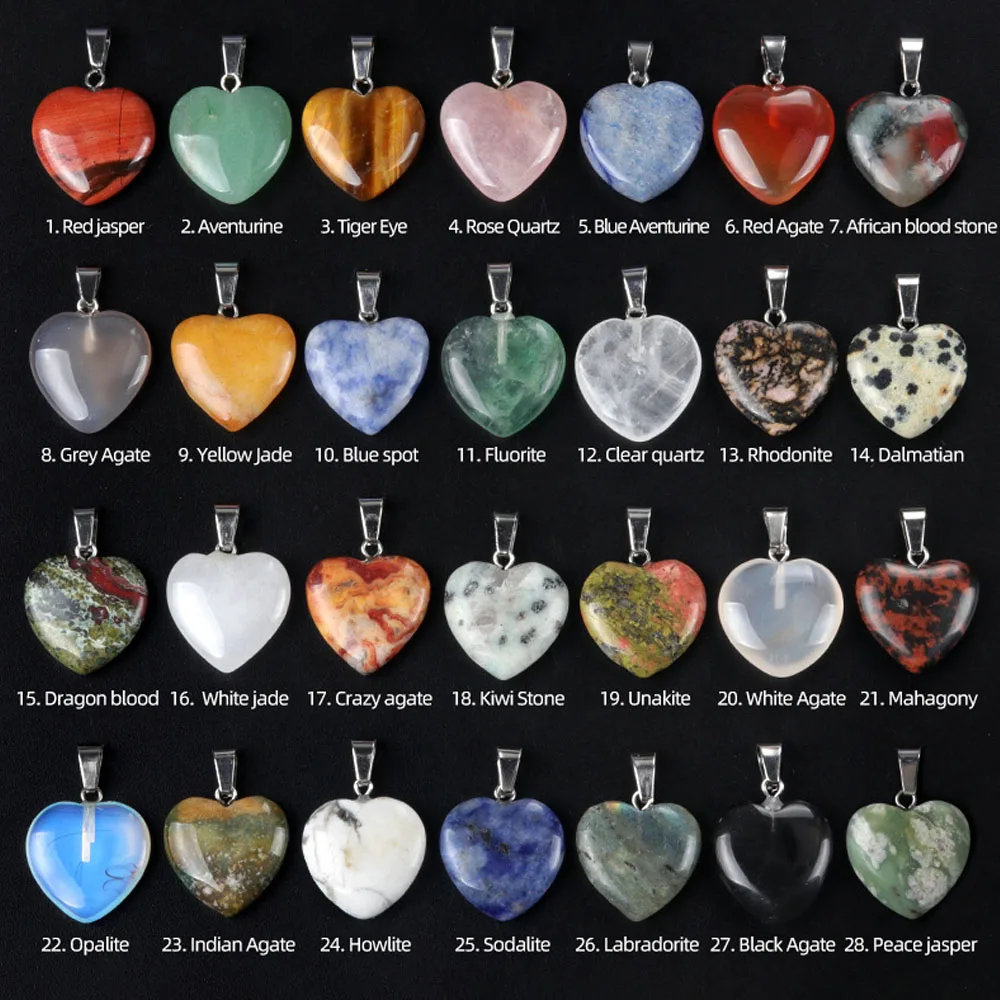 12pcs/Pack 16mm Exquisite Heart Shaped Gemstone Pendant Natural Crystal Agate Charms for Jewelry Making DIY Necklace Accessories