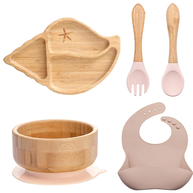 7Pcs Wooden Feeding Tableware Sets Kids Feeding Supplies Bamboo Dishes with Silicone Straw Cup Children Dinnerware Gift Set Peach conch suit