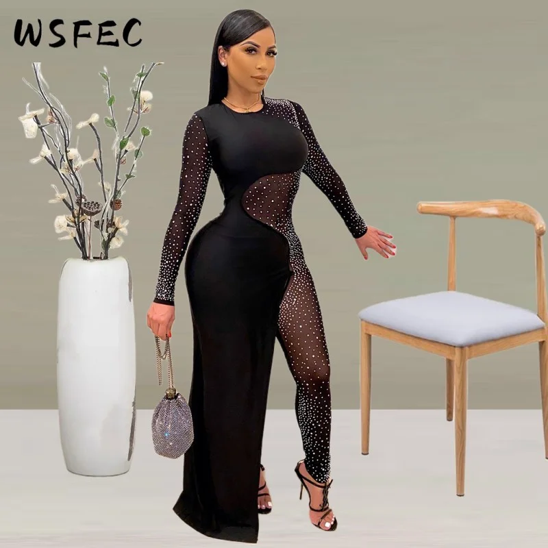 

WSFEC 2023 Spring Outfits Fashion Jumpsuit Women Sexy Long Sleeve Mesh Hot Drill Bodycon Club Party Bodysuits Female Long Romper