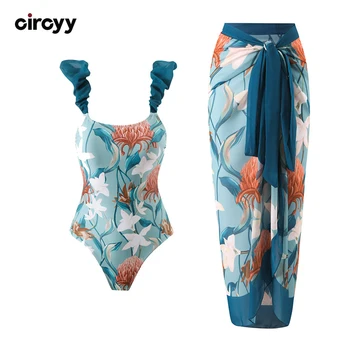 Circyy Swimming Suit for Women Ruffled Halter Bodysuit Two-piece Print Beachwear Lace Up Chiffon Cover-Up Wrap Skirt Summer 2025