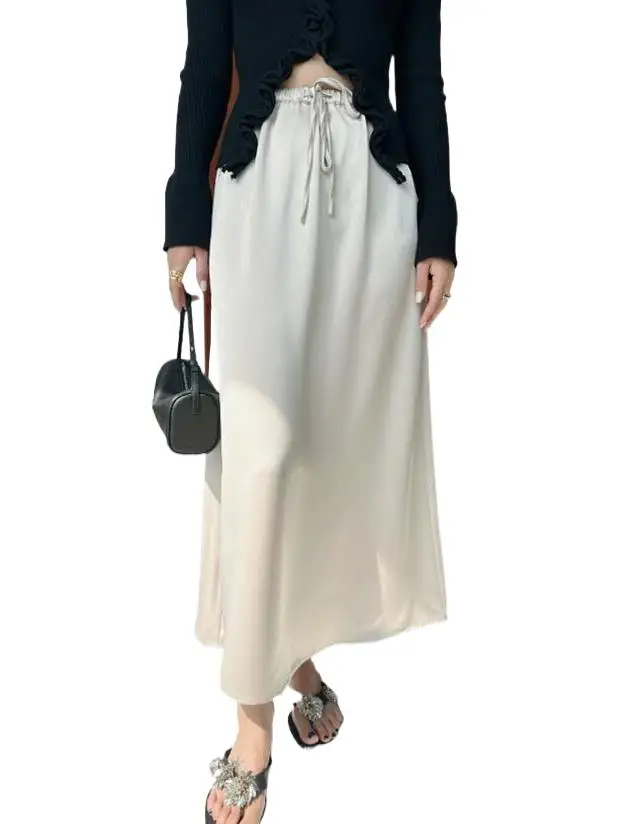 

Spring New Medium Length Skirts For Female Satin Finish Elastic Waist Flowy Sagging Sensation Temperament Cozy Smooth Vestidos