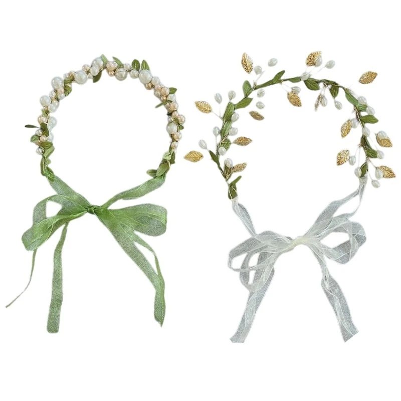 

Elegant Pearl/ Leaf Hairband Delicate Headband for Flower Girl Trend Model Show Performances Wedding Party Headpieces