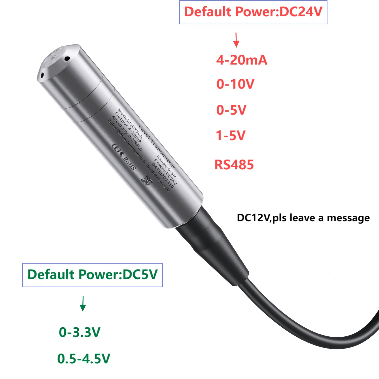 IP68 0-5V RS485 Submersible Water Level Sensor Transducer 2m 3m 5m range 4-20mA 1-5V Output Liquid Pressure Transmitter