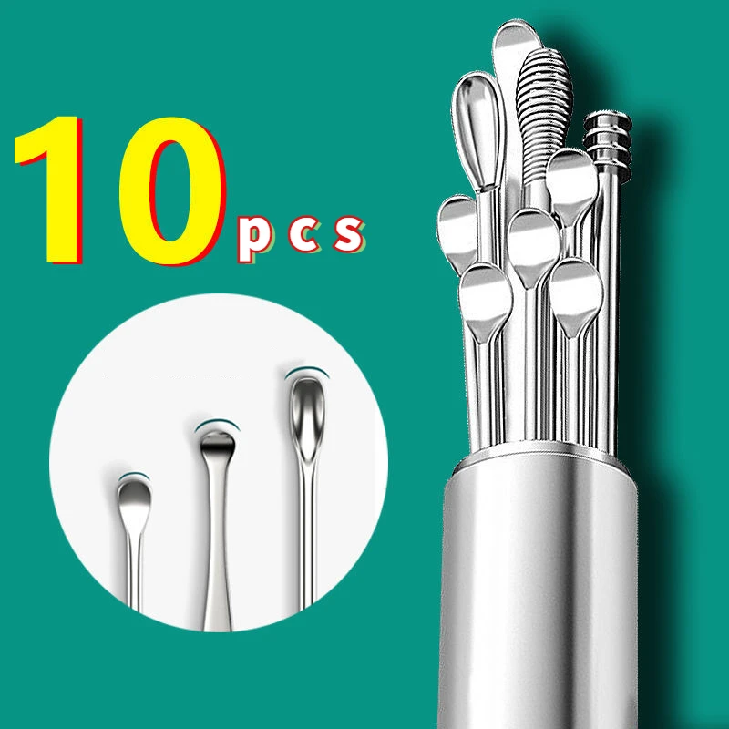 6/9/10pcs Ear Wax Removers Set Stainless Steel Earpick Piercing Kit Curette Spoon Ear Clean Tool