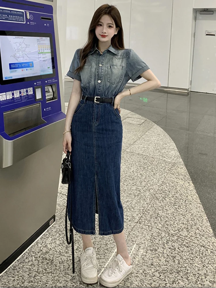 

Gradient Women Summer Denim Midi Dress Korean Style Short Sleeve Lapel Pockets Casual Jean Dresses Vintage