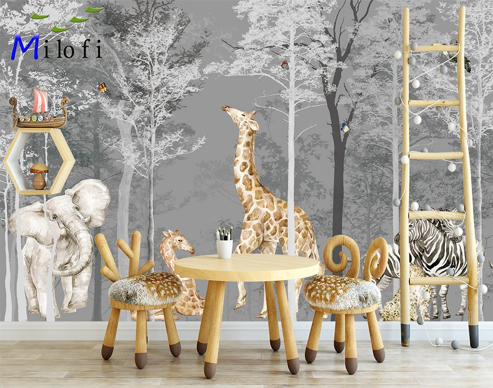 Milofi professional 3D large wallpaper mural hand-painted Nordic forest small animal illustration children background wall 4
