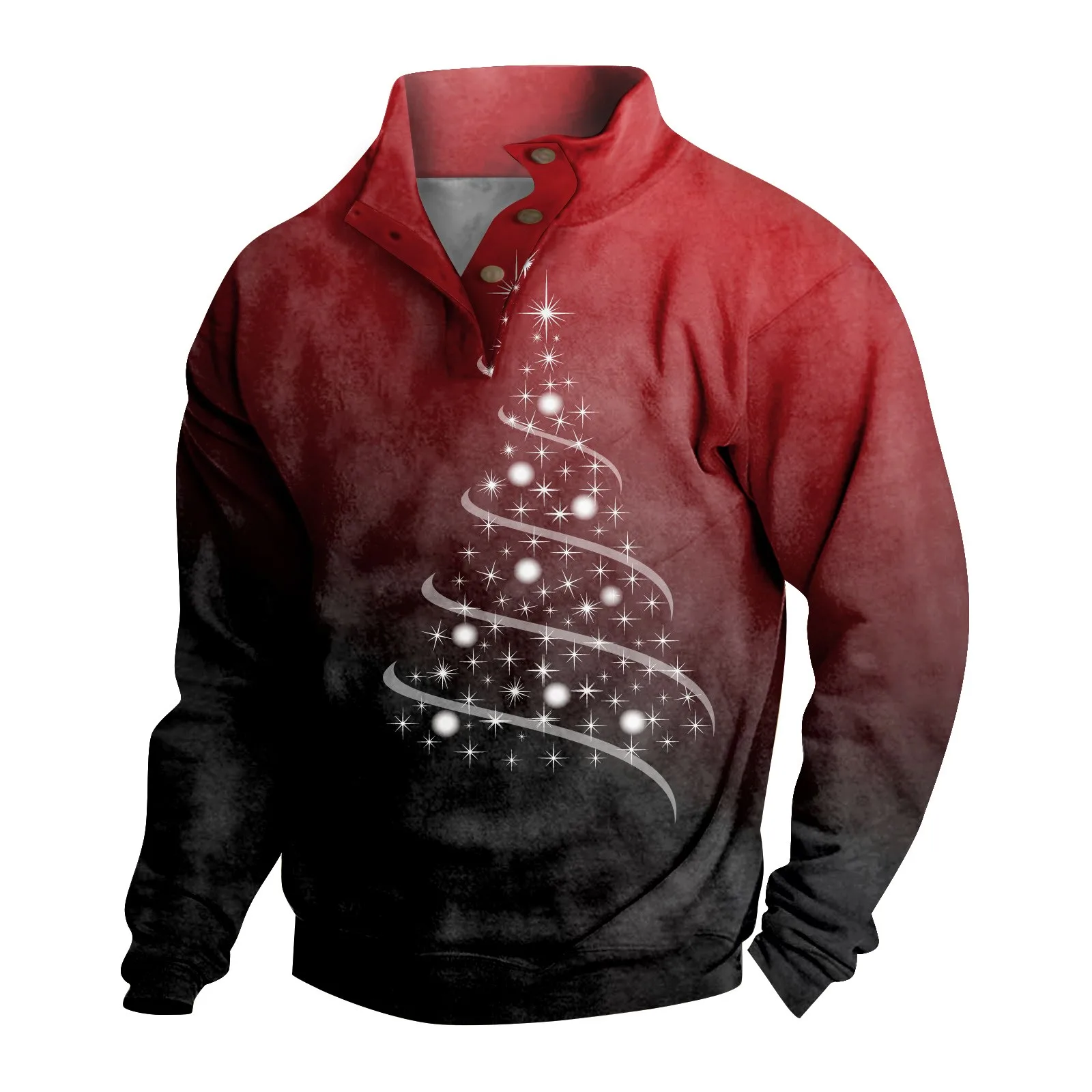

Button Stand Collar Hoodies For Men Fashion Christmas Tree Print Sweatshirt Vintage Men's Pullovers Casual Long Sleeve Tops