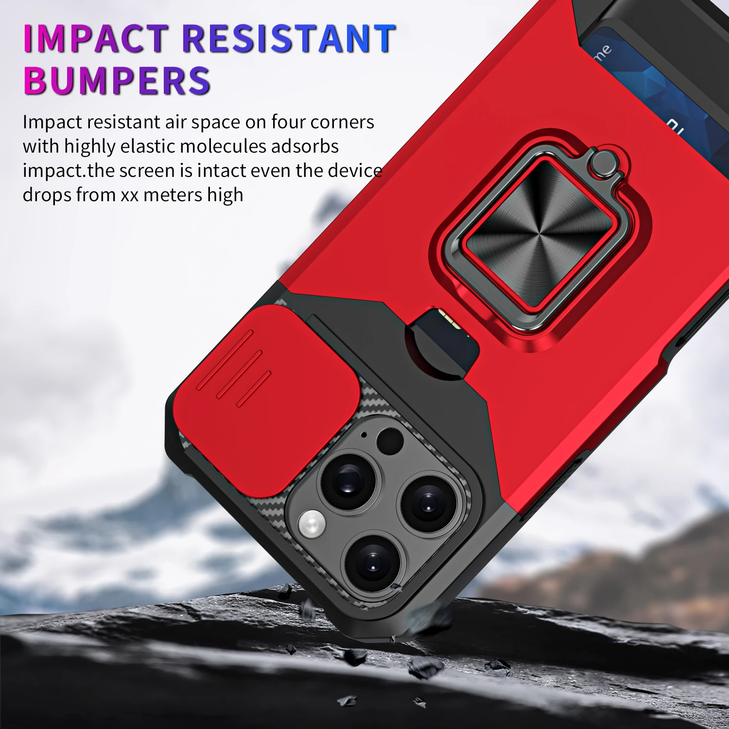 Rotating Armor Hybrid Case with Slide Camera Lens Cover and Ring Stand