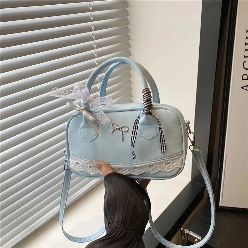 Zipper PU Leather Simple Handbag Lace Ribbon Bow Women Crossbody Bowling Bag Fashionable Travel Casual Commuting Bag 2026