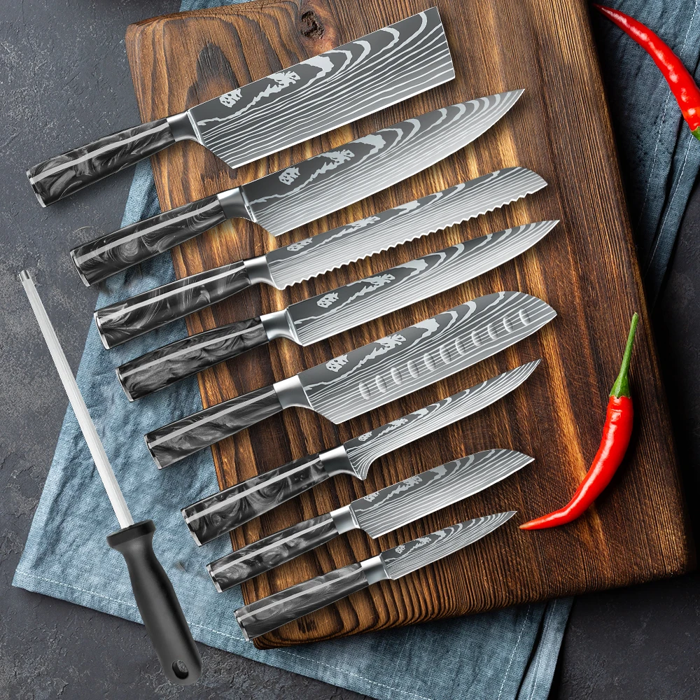 MDHAND 8 Piece Knife Set with Sharpener and Roll Bag - blade view