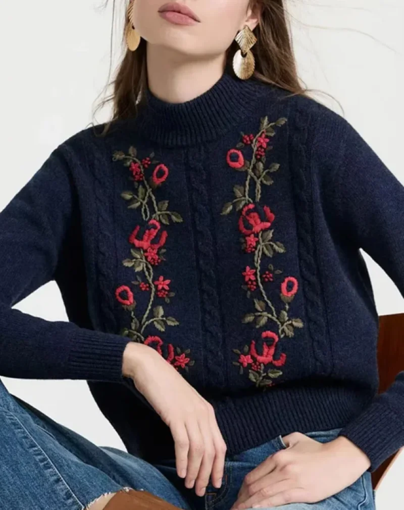 

Women Sweater Floral Embroidery Half High Collar Long Sleeve Vintage Knit Pullover
