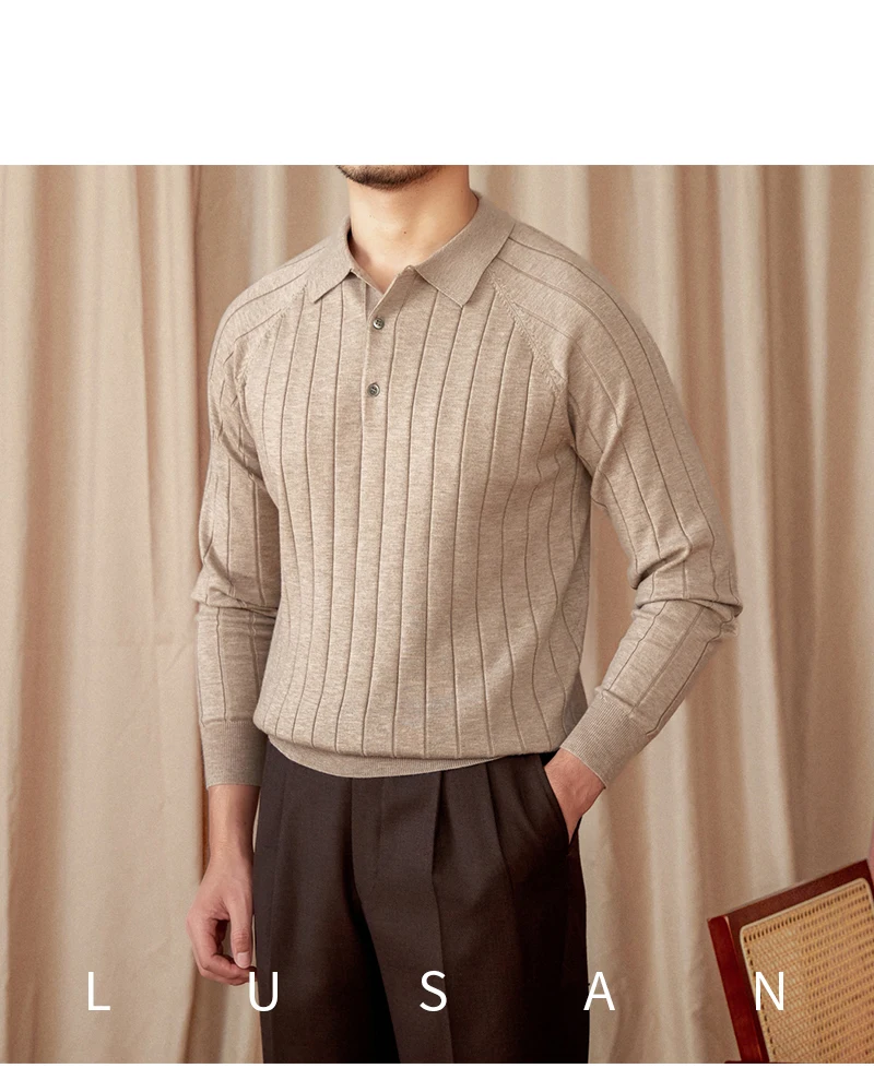 Herbst und Winter Britischer Slim-Fit-Revers-Langarm-POLO-Pullover aus dünner Wolle mit Maulbeerseide für Herren – Detail 17