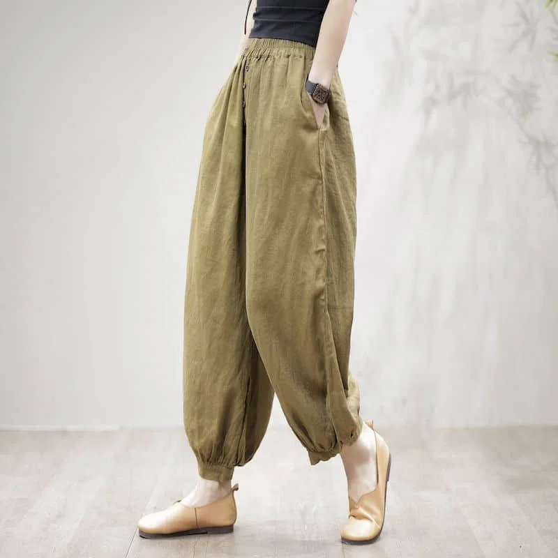 Cotton Linen Pants Solid Elastic Waist Loose Casual Vintage Clothes Korean Style Harajuku Trousers Lantern Pants Women Clothing