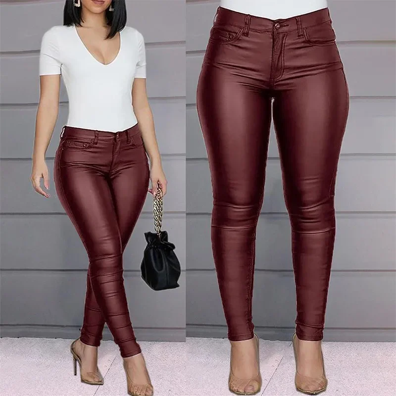 2024 Spliced Women's New jeans Fashion Solid Color PU Leather Pants Sexy Feet Pants Casual Pants women  YBF2-3